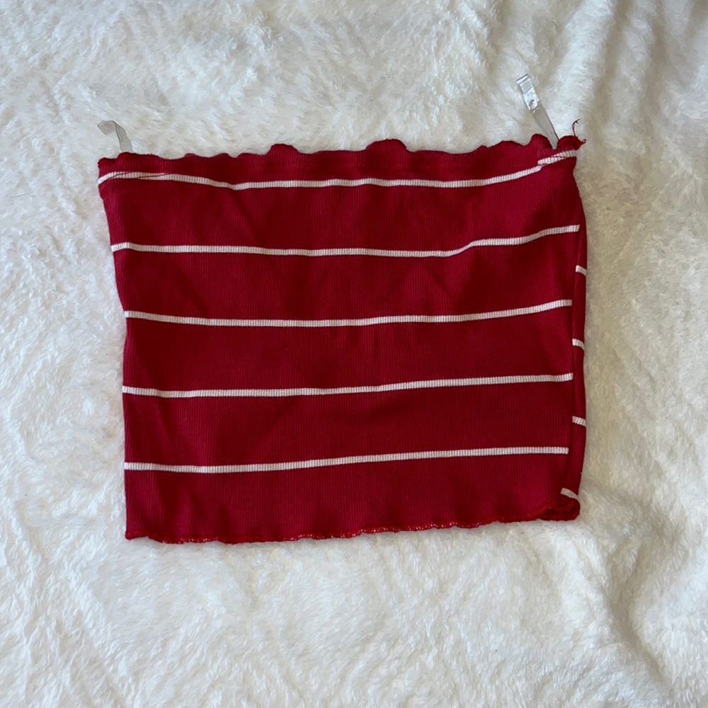 Size XS (fits S), red w/white stripes, tube top, TRÈS BIEN brand.